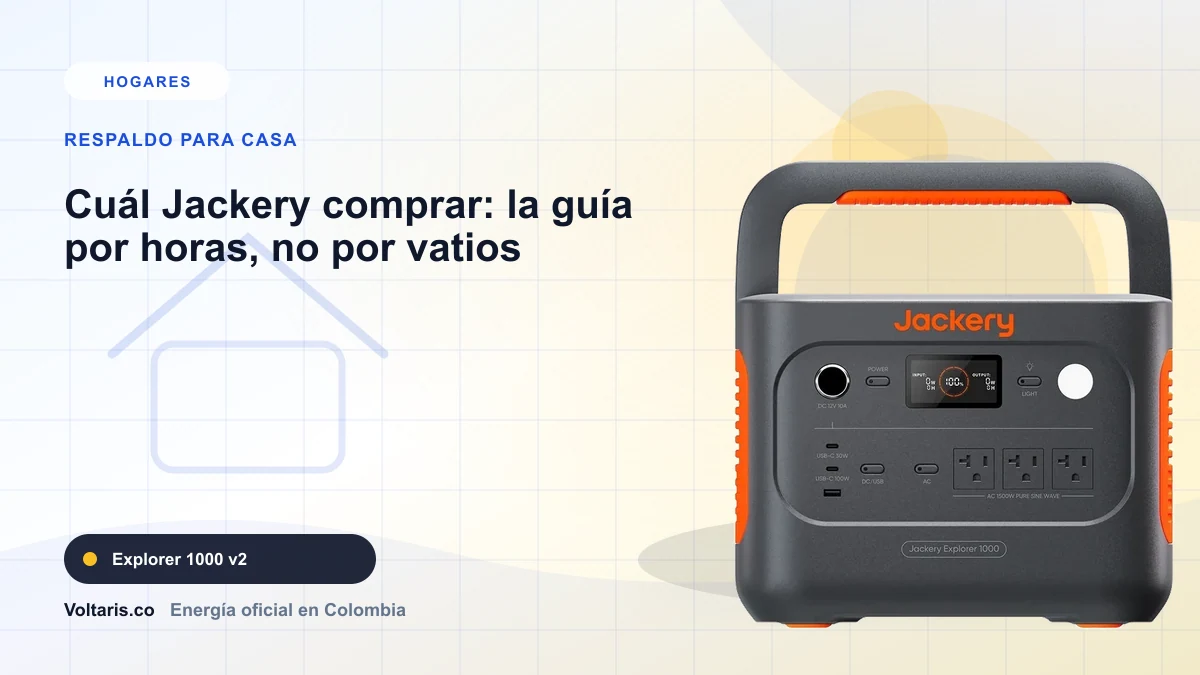 Portada editorial Voltaris para "Cuál Jackery comprar: la guía por horas, no por vatios" con Jackery Explorer 1000 v2.