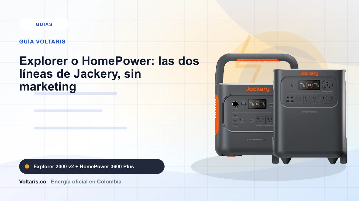 Portada editorial Voltaris para "Explorer o HomePower: las dos líneas de Jackery, sin marketing" con Jackery Explorer 2000 v2, Jackery HomePower 3600 Plus.