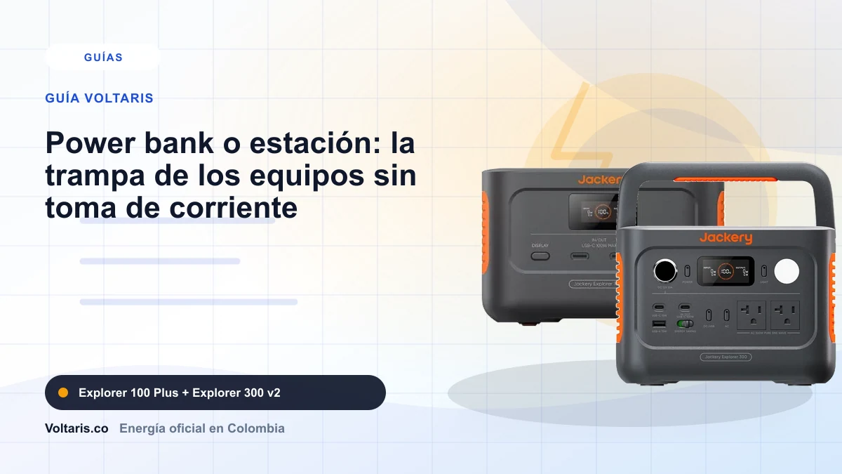 Portada editorial Voltaris para "Power bank o estación: la trampa de los equipos sin toma de corriente" con Jackery Explorer 100 Plus, Jackery Explorer 300 v2.