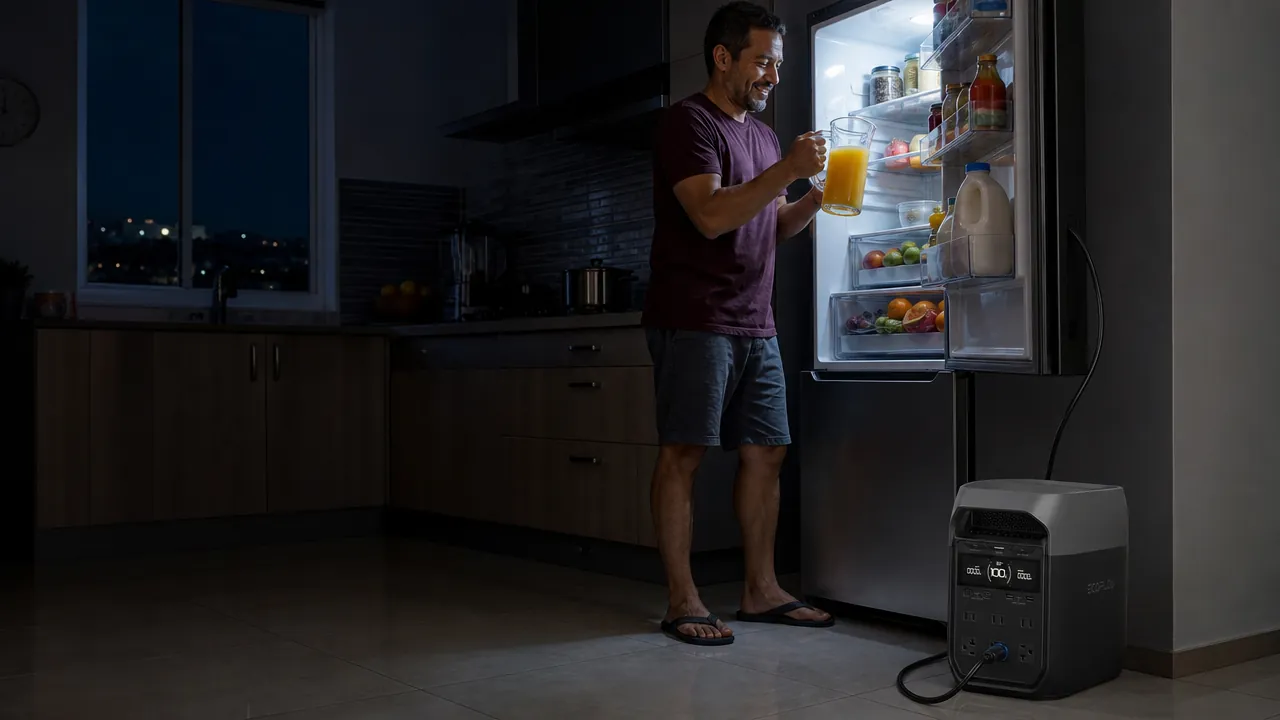 Un hombre saca jugo de la nevera, que sigue encendida durante un apagón conectada a una EcoFlow DELTA 3 en el piso de la cocina