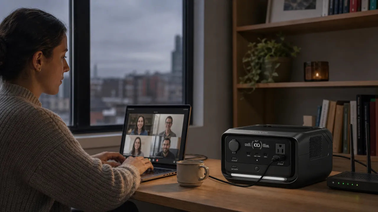 Una mujer en videollamada durante un apagón, con el portátil y el wifi conectados a una EcoFlow RIVER 3 Plus sobre el escritorio
