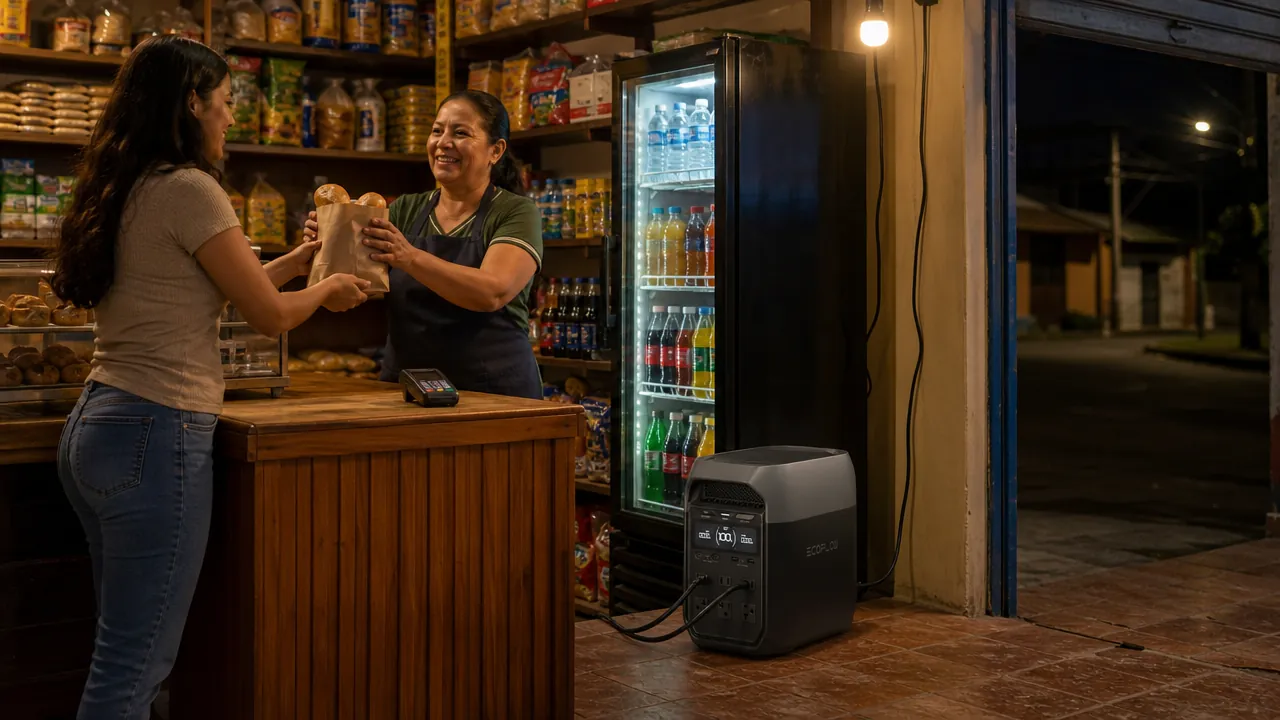 Una tendera atiende de noche con la calle a oscuras, con el bombillo y el enfriador de bebidas conectados a una EcoFlow DELTA 3