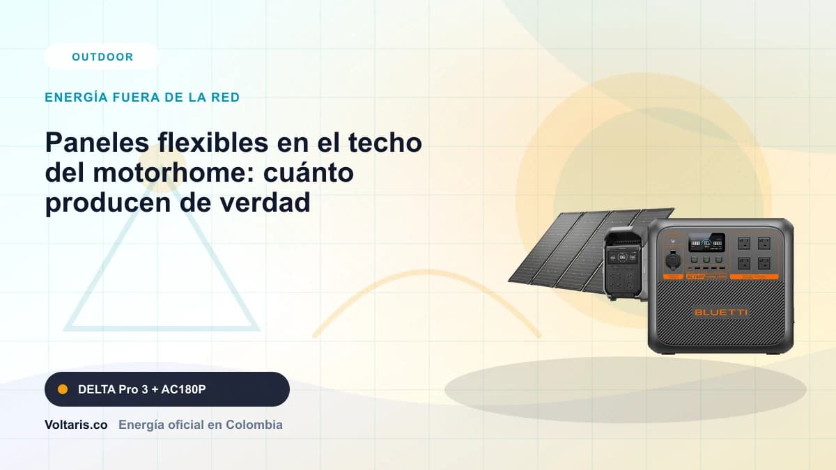 Portada editorial Voltaris para "Paneles flexibles en el techo del motorhome: cuánto producen de verdad" con EcoFlow DELTA Pro 3, Bluetti AC180P.