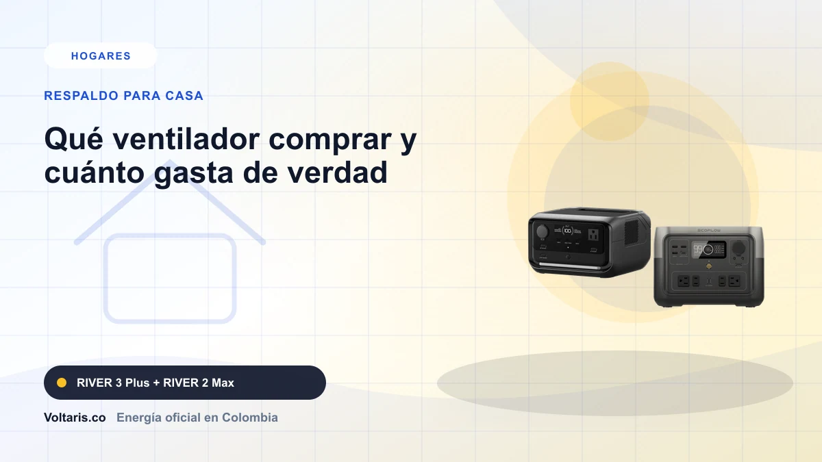 Portada editorial Voltaris para "Qué ventilador comprar y cuánto gasta de verdad" con EcoFlow RIVER 3 Plus, EcoFlow RIVER 2 Max.