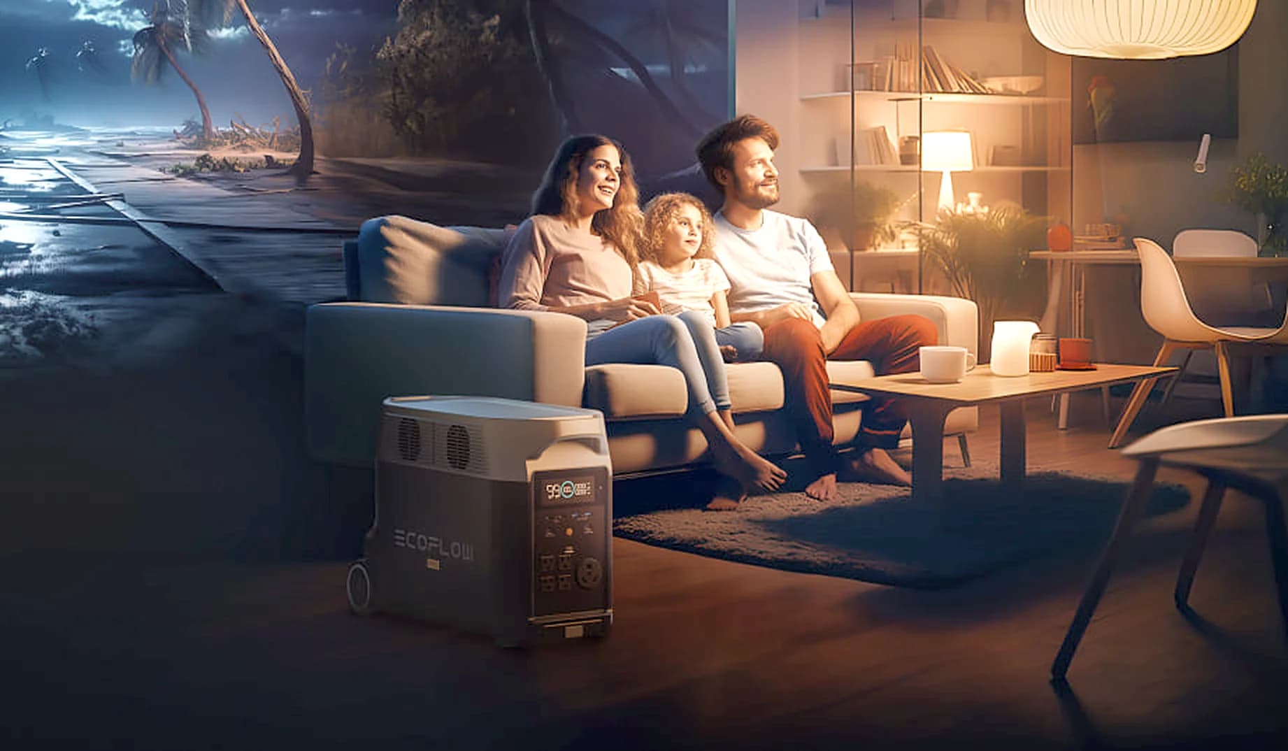 Familia en la sala durante un apagón, con la luz y el televisor prendidos gracias a una estación EcoFlow