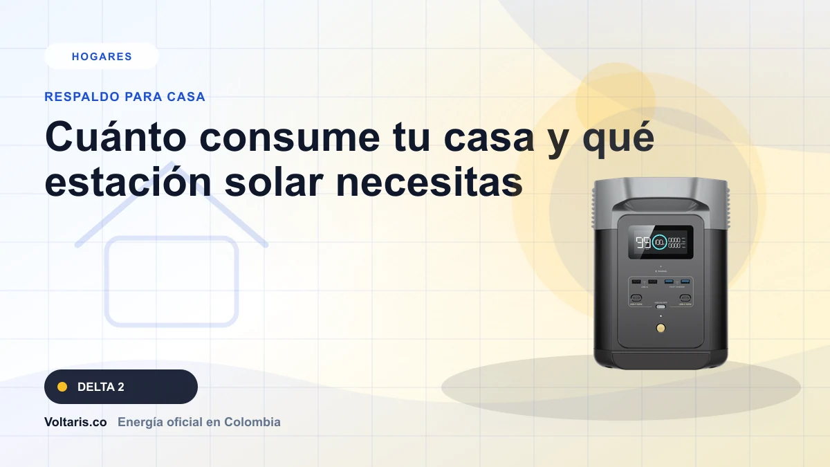 Portada editorial Voltaris para "Cuánto consume tu casa y qué estación solar necesitas" con EcoFlow DELTA 2.