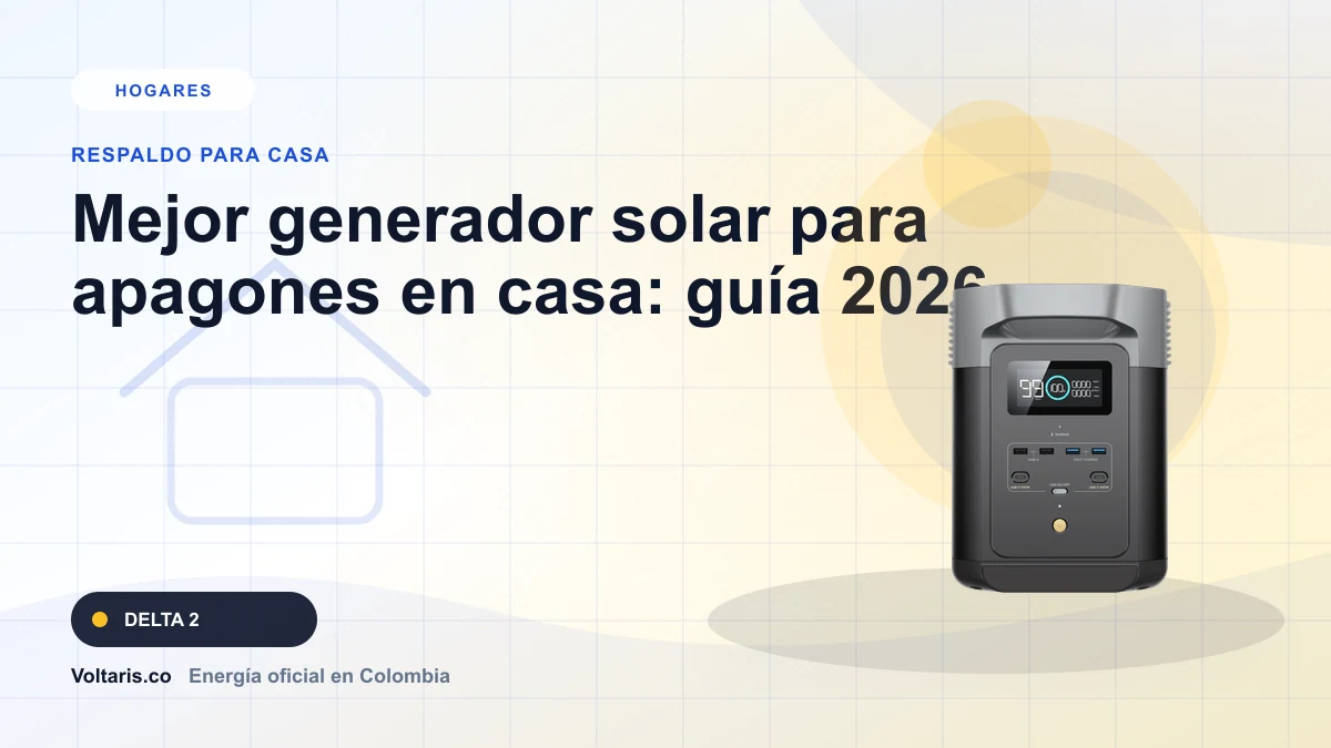 Portada editorial Voltaris para "Mejor generador solar para apagones en casa: guía 2026" con EcoFlow DELTA 2.