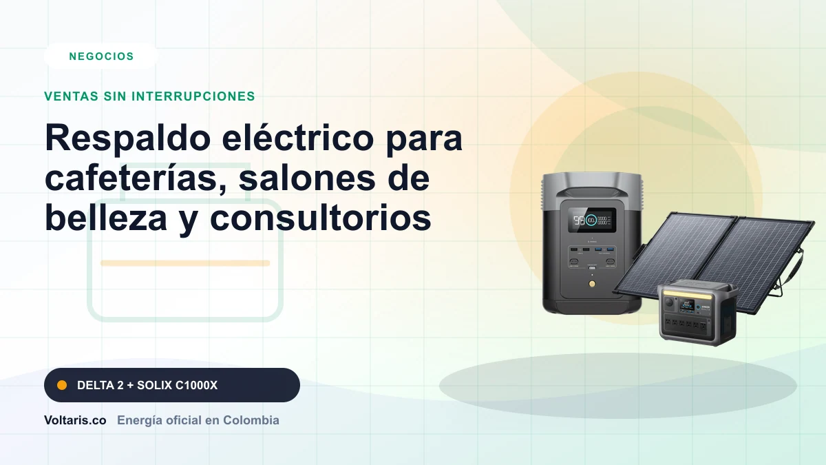 Portada editorial Voltaris para "Respaldo eléctrico para cafeterías, salones de belleza y consultorios" con EcoFlow DELTA 2, Anker SOLIX C1000X.