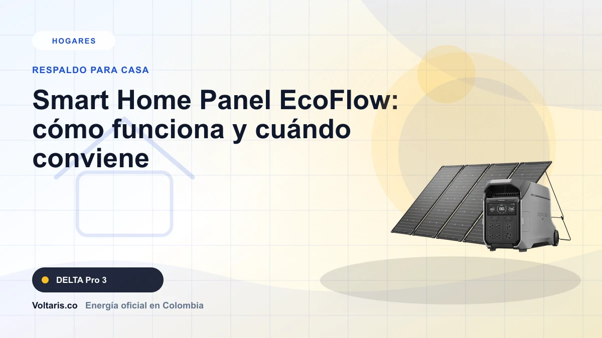 Portada editorial Voltaris para "Smart Home Panel EcoFlow: cómo funciona y cuándo conviene" con EcoFlow DELTA Pro 3.