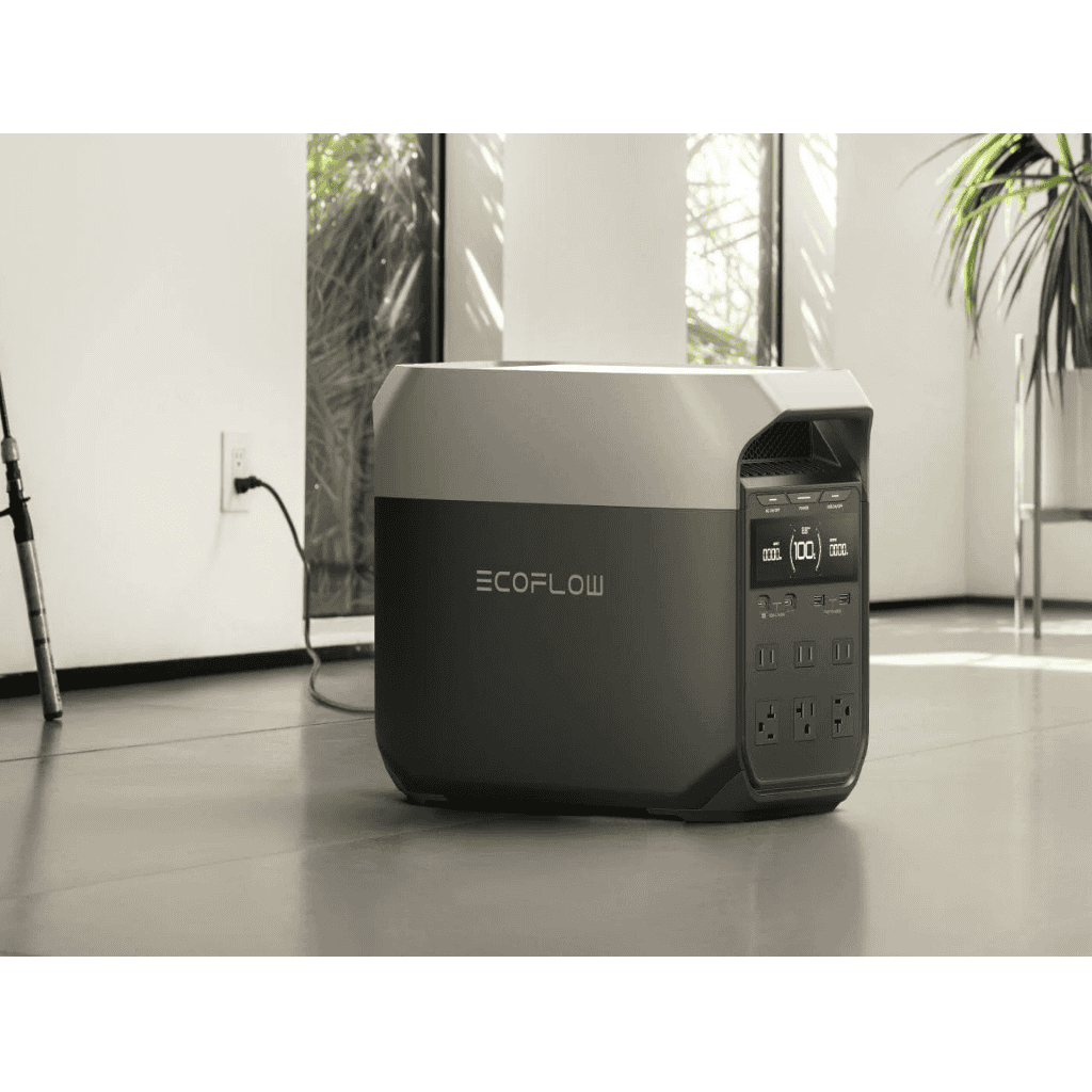 Generador de respaldo EcoFlow en interior moderno, energía confiable y eficiente.