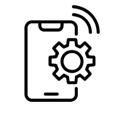 Icono de teléfono inteligente con engranaje y señal inalámbrica, soporte técnico de aplicaciones, configuraciones móviles, opciones de ajuste de app, tecnología digital.