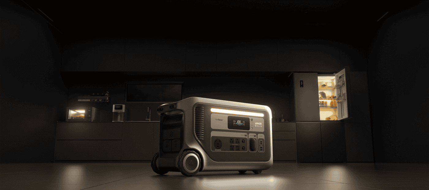 Generador portátil de energía en cocina moderna, energías renovables y solución eficiente.